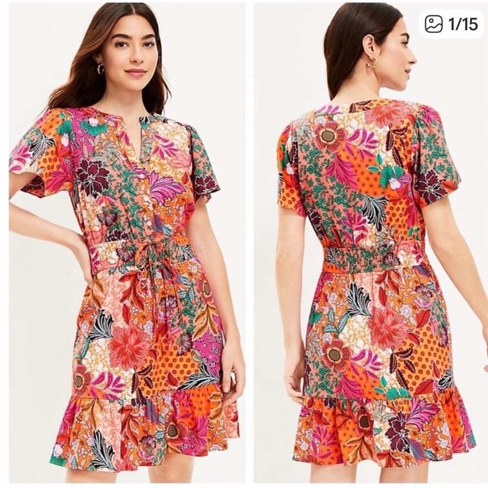 LOFT Floral Patchwork Flutter Short Sleeve Dress in Pink & Orange - Medium